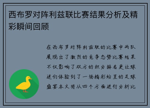 西布罗对阵利兹联比赛结果分析及精彩瞬间回顾
